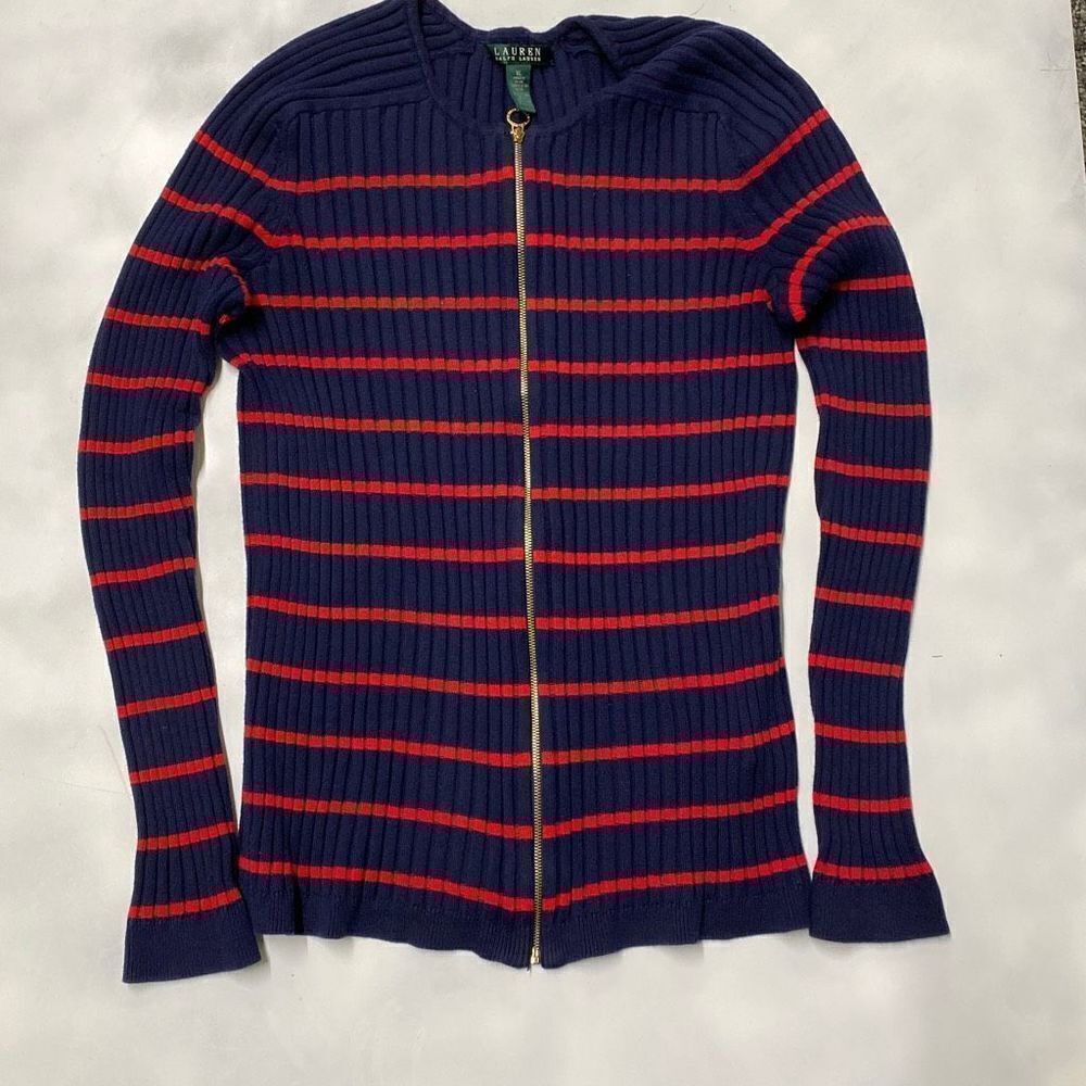 Lauren Ralph Lauren Navy and Red Striped Zip-Front Ribbed Sweater